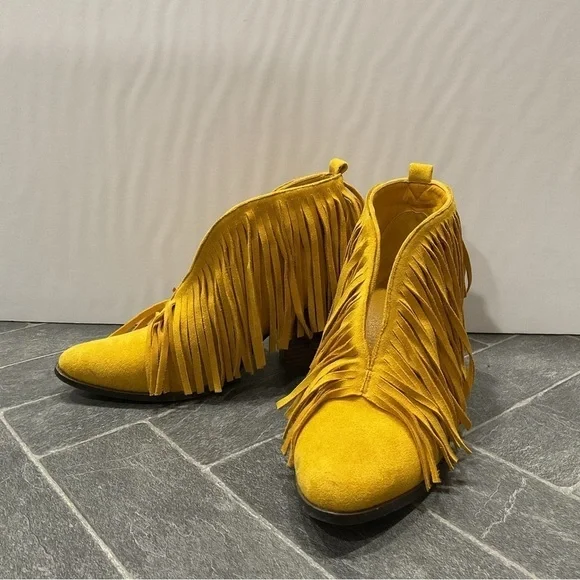 Wild G Golden Yellow Fringe Slip On Bootie Ankle Boot - Picture 2 of 11